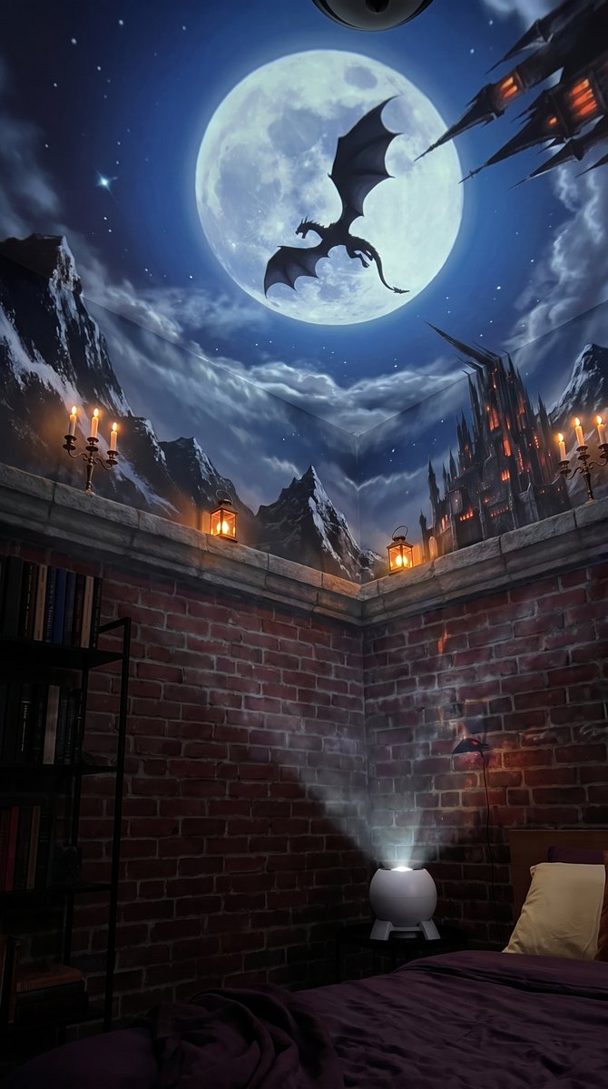 A full moon and a dragon on the ceiling above a reading corner with a bookshelf