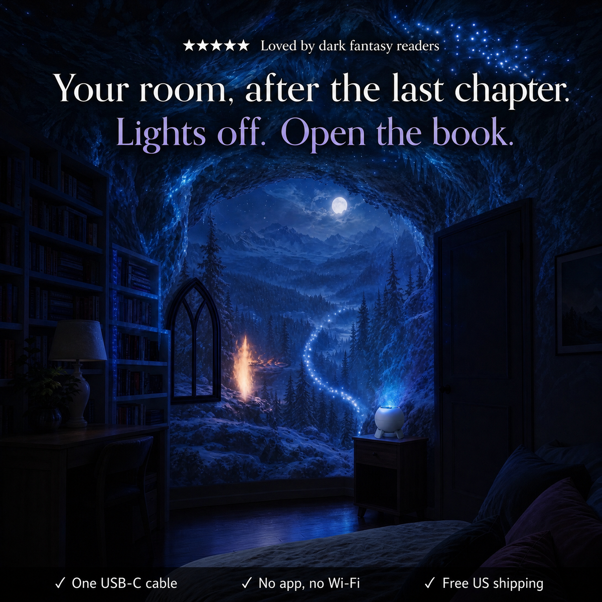 Dark bedroom with a blue forest scene projected on the ceiling: Your room, after the last chapter