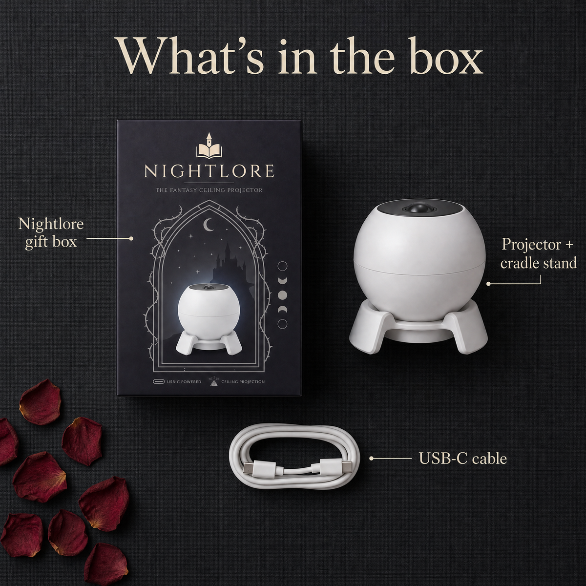 What's in the box: Nightlore gift box, projector with cradle stand, USB-C cable