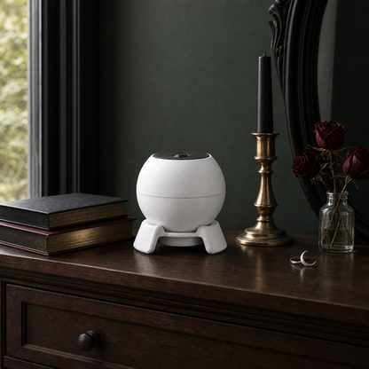 Nightlore fantasy ceiling projector on a dark walnut nightstand beside special-edition books and a brass candlestick