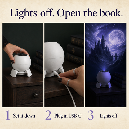 How it works: 1 set it down, 2 plug in USB-C, 3 lights off