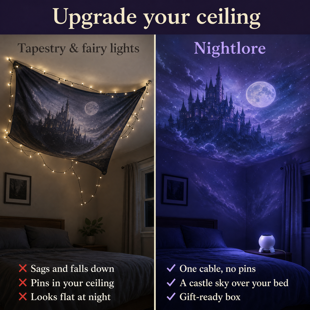 Nightlore vs tapestry and fairy lights: upgrade your ceiling