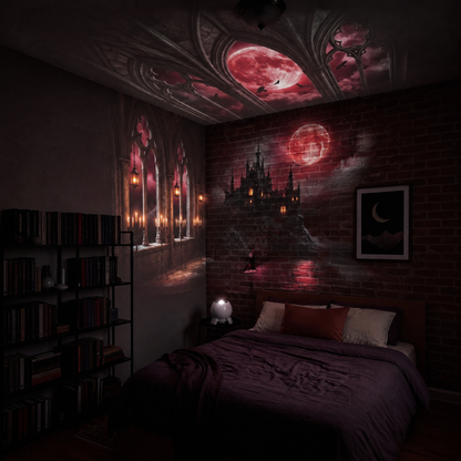 Dark gothic bedroom lit only by a blood-moon castle scene projected on the ceiling