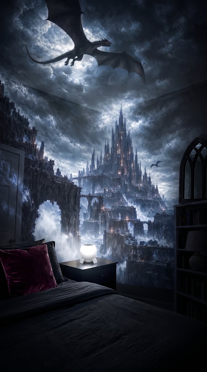 A castle on the cliffs and a dragon across a dark bedroom ceiling, the Nightlore dome on the nightstand